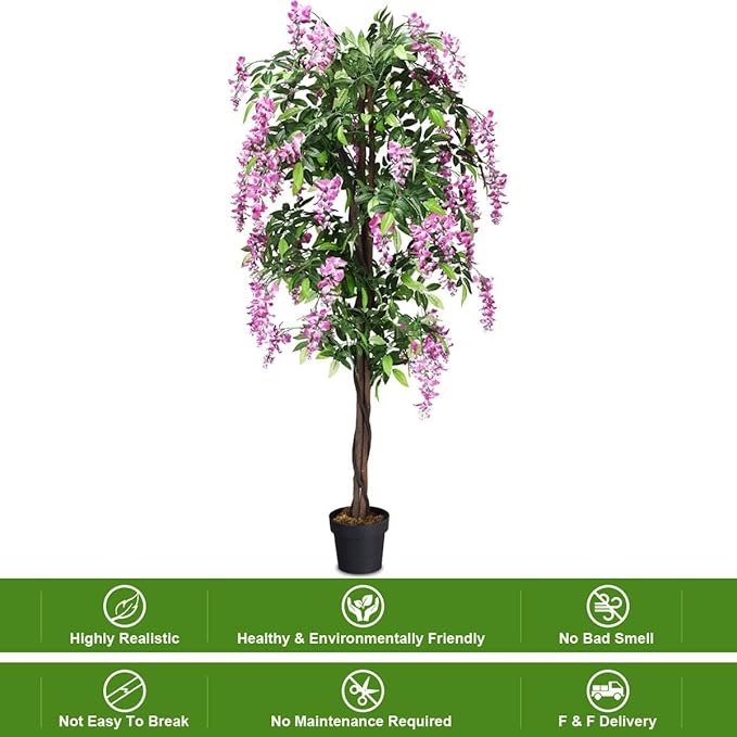 Goplus 6FT Ficus Artificial Tree, 2 Pack Fake Wisteria Tree in Nursery Pot, Greenery Faux Floor Plant, Tall Artificial Plants for Indoor Outdoor Bedroom Living Room Decor