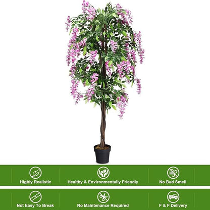 Goplus 6FT Ficus Artificial Tree, 2 Pack Fake Wisteria Tree in Nursery Pot, Greenery Faux Floor Plant, Tall Artificial Plants for Indoor Outdoor Bedroom Living Room Decor