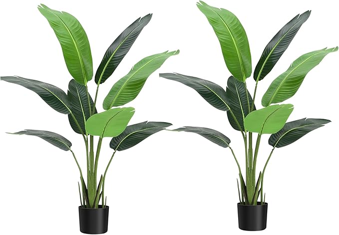 4ft Artificial Canna Lily Plant, Tall Faux Plants with 8 Trunks Faux Leaves, Artificial Plants Indoor Outdoor with Black Nursery Pot for Home Decor Office Living Room 2 Pack