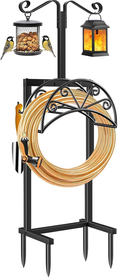 TomCare Garden Hose Holder with Shepherds Hooks Heavy Duty Water Hose Holder Holds 160 FT Hoses Freestanding Hose Reel with 2 Tool Hooks Stable Hoses Hanger Storage Stand for Outside Yard, Black