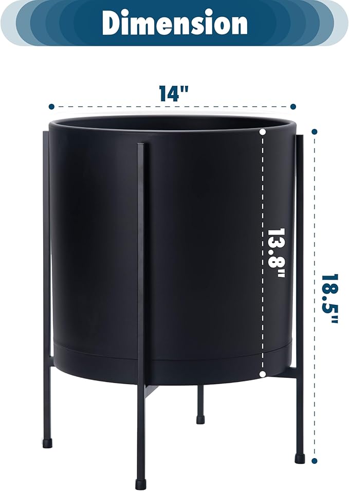 D'vine Dev 14 Inch Black Planter Pot with Stand – Modern Plastic Cylinder Flower Pot with Heavy-Duty Metal Stand for Indoor Plants, 55-D-B-4
