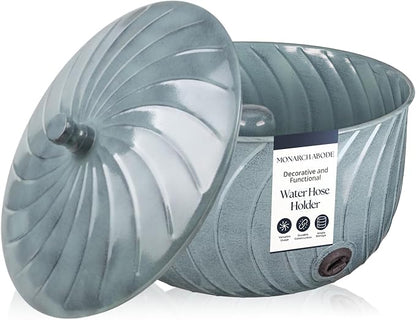 Monarch Abode Garden Hose Holder with Lid – Decorative Water Hose Holders for Outside, Wave Embossed Metal Patina Pot with Drainage, 100ft Waterhose Holder for Outside, Garden Storage Caddy