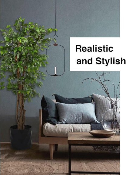 Deluxe 6 Feet Tall FICUS Silk Leaf Artificial Tree + 8" Base + 12" Plant Pot Skirt. 18 Feet of Vine Adorn Wide Real Trunks with Green Leaves + 12" Plant Base Skirt + Bonus USA Flag Style Pot Pant