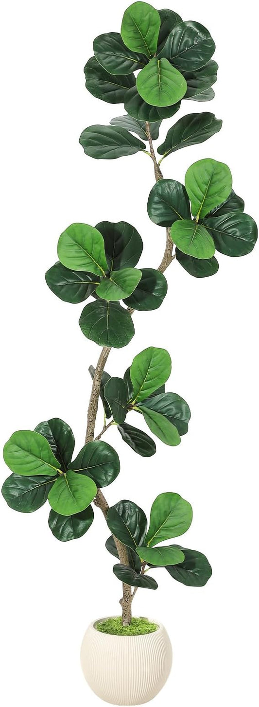 6ft Artificial Fiddle Leaf Fig Tree, Tall Fake Plants with White Planters, Artificial Plants Indoor with Realistic Moss for Home Decor Office Living Room