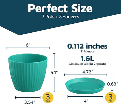 Aqua 6-Inch Plant Pots with Drainage & Saucers 3 Pack, Indoor & Outdoor Planters for Houseplants, Herbs, and Flowers, Durable & Weatherproof Material, Stackable, Lightweight, Minimalist Design