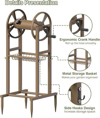 Freestanding Garden Hose Reel holds 125ft Hose of 5/8" with 4 Hooks, 4-Spike Outdoor Hose Holder with 3.9ft Leader Hose & Brass Fitting, Detachable Metal Hose Stand with Storage Rack, Brown