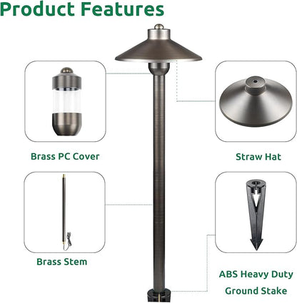 DOSHINE® Solid Brass Low Voltage Landscape Lighting Pathway Lights (7" Shade, 22" Tall) with Replaceable 3W G4 LED Bulb 3000K AC/DC 12V and Ground Stake for Outdoor Walkway Driveway (HAT, 4-Pack)