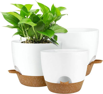UUBEMM Self Watering Planters with Drainage Holes, Set of 3 Plastic Plant Pots with Deep Reservoir for Indoor Outdoor Garden Flowers Plants,10+9+8 Inch (White)