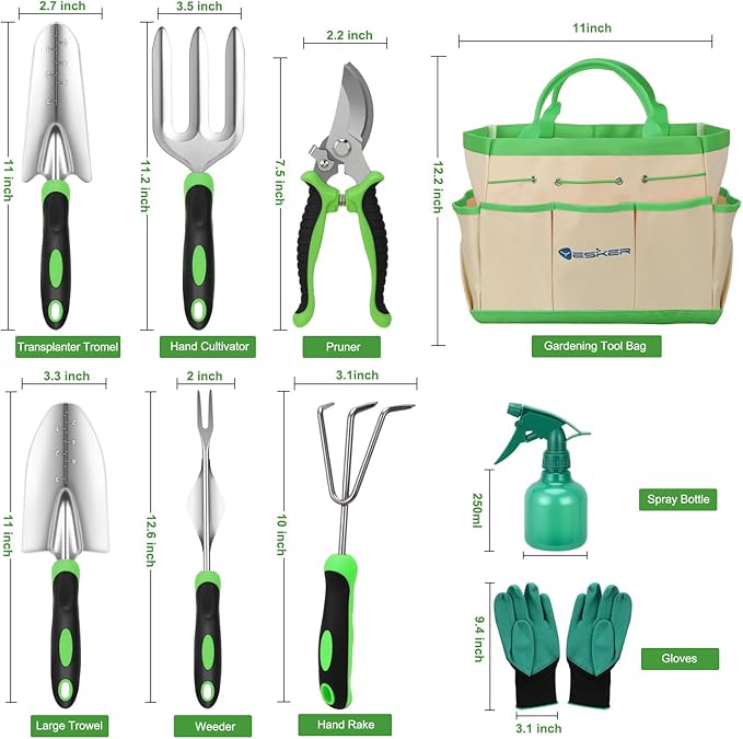 Yesker Gardening Tools 9-Piece Heavy Duty Garden Tool Set Gardening Supplies Gifts for Women Men Gardening Hand Tool Kit with Non-Slip Ergonomic Handle, Garden Bag, Durable Gloves, Spray Bottle, Green