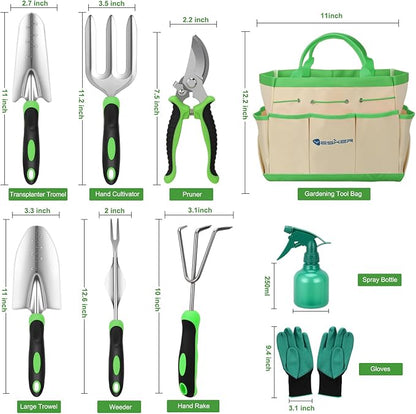 Yesker Gardening Tools 9-Piece Heavy Duty Garden Tool Set Gardening Supplies Gifts for Women Men Gardening Hand Tool Kit with Non-Slip Ergonomic Handle, Garden Bag, Durable Gloves, Spray Bottle, Green