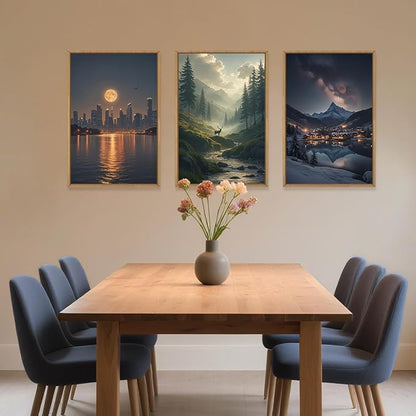 Large Modern City Moon Framed Canvas Wall Art,Forest Misty Wall Decor,Winter Town Night Wall Painting,Nature Landscape Picture Artwork for Living Room,Bedroom,Dining Room,Office -24"x36"x3