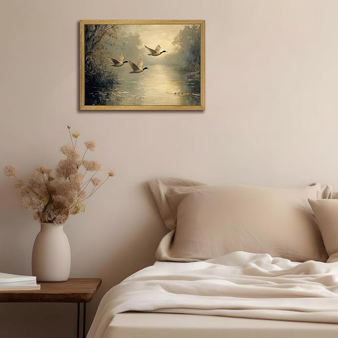 Wood Framed Canvas Landscape Wall Art, Countryside Art Wildlife Nature Pond Wall Decor, Vintage Mallard Duck Oil Paintings Print for Living Room, Bedroom, Office, Rustic Decor 16x24 inch