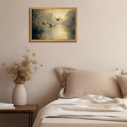Wood Framed Canvas Landscape Wall Art, Countryside Art Wildlife Nature Pond Wall Decor, Vintage Mallard Duck Oil Paintings Print for Living Room, Bedroom, Office, Rustic Decor 16x24 inch