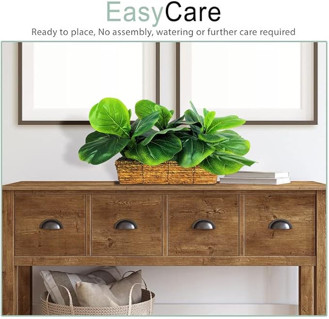 15 Inch Fiddle Leaf Fig Tree in Woven Basket - Low Maintenance Indoor & Outdoor Faux Plants for Living Rooms, Offices, Kitchens & Outdoor Spaces