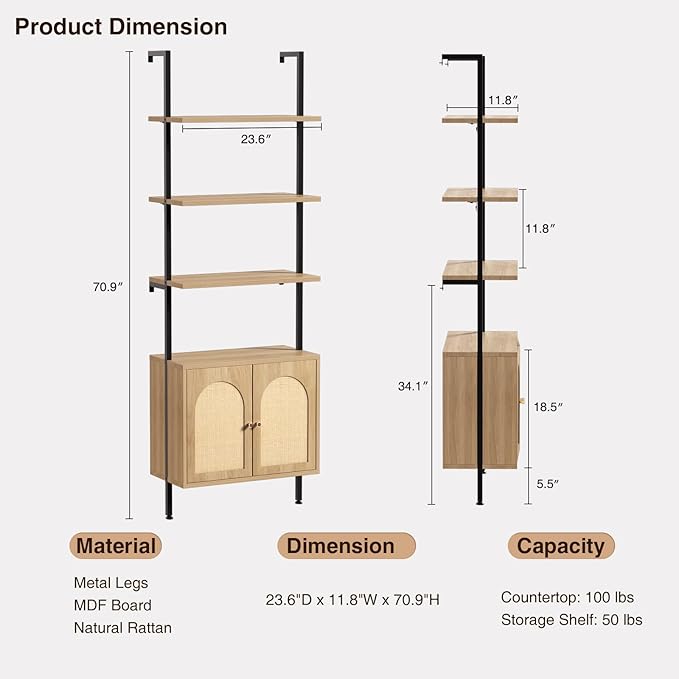 Set of 2 Tall Bookshelf with Storage, 6 Tier Ladder Bookshelf with Rattan Cabinet, Wall Mounted Bookcase with Doors & Metal Frame for Living Room, Bathroom, Home Office, Natural