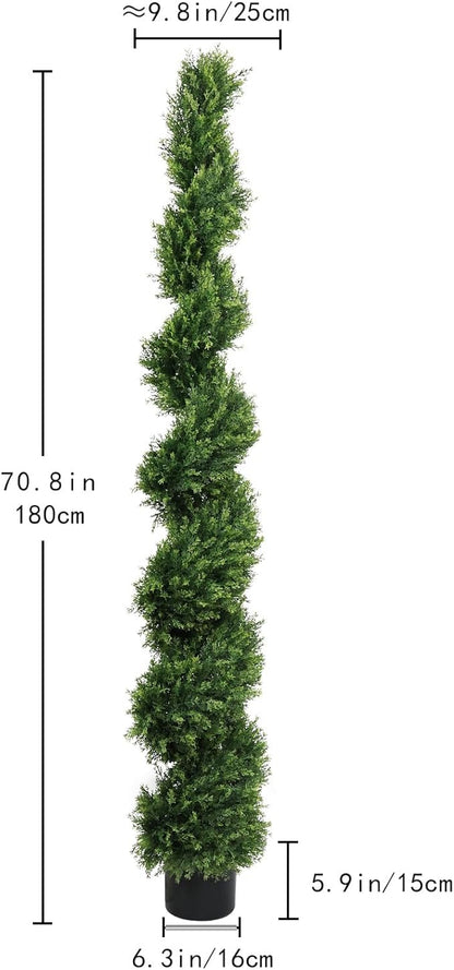 THE BLOOM TIMES 6ft Spiral Artificial Topiary Trees Set of 2, 71 inch Faux Cedar Trees for Outdoor Planters - Fake Twist Cypress Plants for Garden Front Porch Indoor Outside Decor 6 Foot