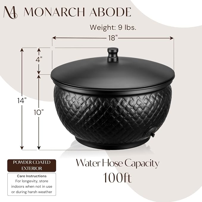 Monarch Abode Garden Hose Holder with Lid – Decorative Water Hose Holders for Outside, Diamond Embossed Metal Matte Black Pot with Drainage, 100ft Waterhose Holder for Outside, Garden Storage Caddy