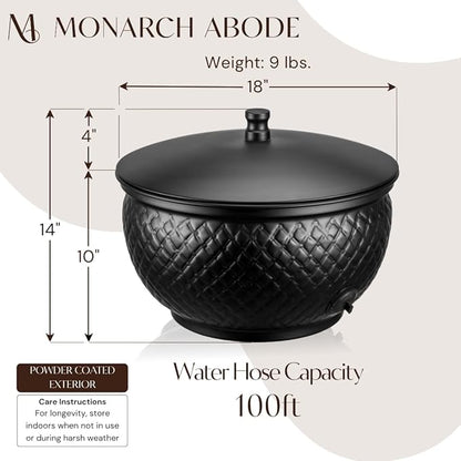 Monarch Abode Garden Hose Holder with Lid – Decorative Water Hose Holders for Outside, Diamond Embossed Metal Matte Black Pot with Drainage, 100ft Waterhose Holder for Outside, Garden Storage Caddy