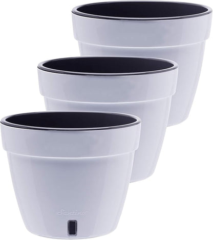 DECOPOTS - 3 Pack - Self Watering Planter - Modern Flower Pot with Water Level Indicator - 6.3" Tall - for All House Plants, Flowers, Herbs (Diameter 7.9", White - Black)