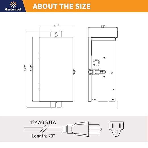 Gardenreet 150W Low Voltage Landscape Lights Transformer - ETL Listed IP65 Multi-Tap (120V AC to 12V-13V-14V-15V AC) with Mechanical Timer, Stainless Steel Shield for Outdoor Spotlight, Pathway Light