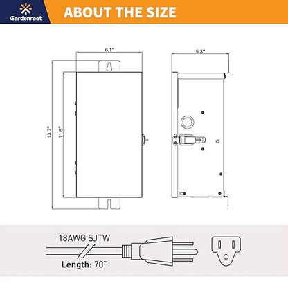 Gardenreet 150W Low Voltage Landscape Lights Transformer - ETL Listed IP65 Multi-Tap (120V AC to 12V-13V-14V-15V AC) with Mechanical Timer, Stainless Steel Shield for Outdoor Spotlight, Pathway Light