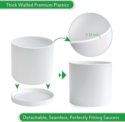 D'vine Dev 2 Pack 8 Inch Modern Plastic Plant Pots, Cylindrical Garden Planters for Plants with Drainage Holes and Saucers, White, 74-Z-M-1