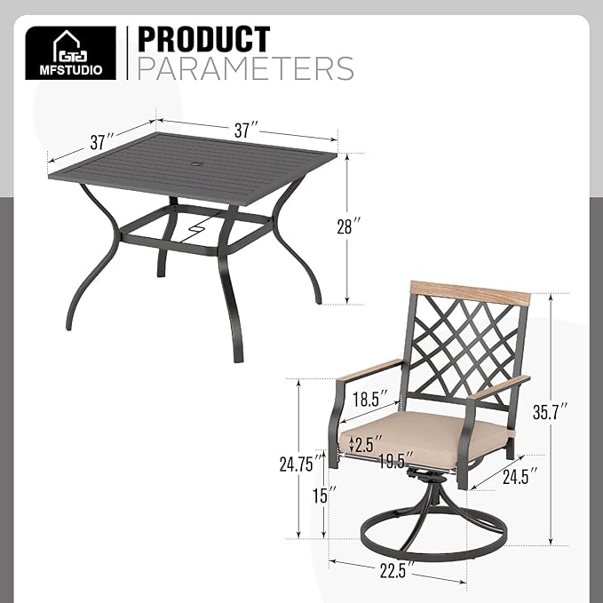 MFSTUDIO 5 PCS Patio Dining Set with 4 Swivel Metal Chairs with Cushion and 1 Heavy Duty Metal Square Table for 4, All Weather Resistant Patio Furniture for Lawn and Garden