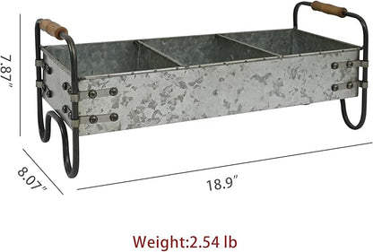 Rustic Galvanized Metal 3-Compartment Planter with Wood Handles, Vintage Style Succulent Herb Flower Pot for Indoor Outdoor Garden, Kitchen, Windowsill Decor