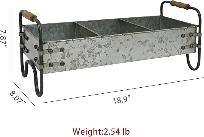 Rustic Galvanized Metal 3-Compartment Planter with Wood Handles, Vintage Style Succulent Herb Flower Pot for Indoor Outdoor Garden, Kitchen, Windowsill Decor