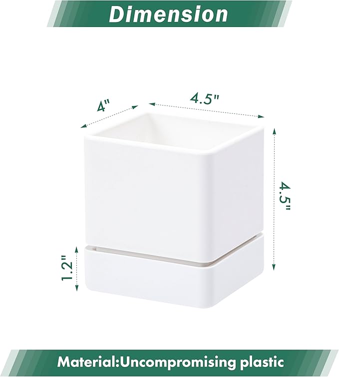 D'vine Dev 4 Inch Herb Planter Pot, Plastic Planter with Drainage Holes and Saucer, Modern Decorative Gardening Pot for Indoor Plants, Flowers, Herbs, Succulents, White, Set of 3, 76-Y-A3-1