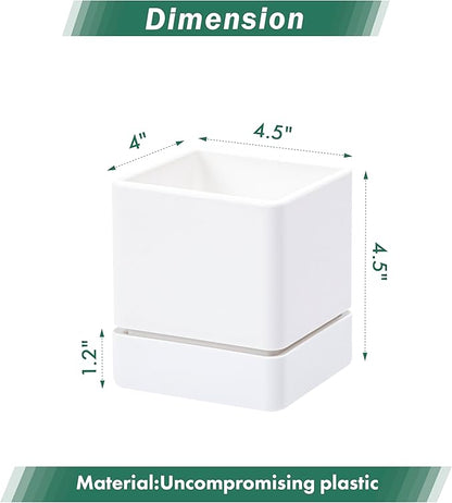 D'vine Dev 4 Inch Herb Planter Pot, Plastic Planter with Drainage Holes and Saucer, Modern Decorative Gardening Pot for Indoor Plants, Flowers, Herbs, Succulents, White, Set of 3, 76-Y-A3-1
