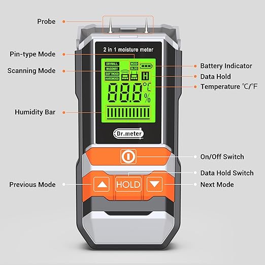 Wood Moisture Meter, 2 in 1 Pin & Pinless Moisture Tester, Digital Dampness Moisture Sensor Detector for Wood Firewood Drywall Paper Floor Woodworking, Water Leak Detector