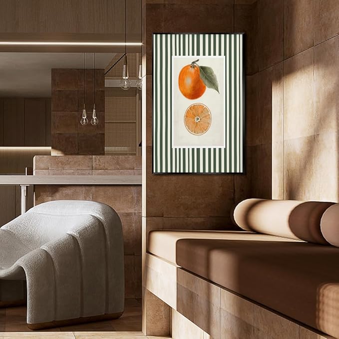 Vintage Green Striped Orange Fruit Canvas Wall Art Modern Farmhouse Botanical Kitchen Food Prints Posters Minimalist Colorful Aesthetic Pictures Boho Decor for Bedroom 16x24inch Metal Black Frame