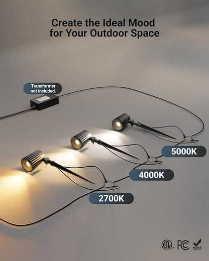 Sunco Low Voltage Landscape Spotlights 12V, 4-Pack – 10.5W LED Outdoor Uplights for Gardens/Trees/Flags/Walkways, Selectable CCT 2700K/4000K/5000K, Adjustable Beam, ETL, Connectors Included