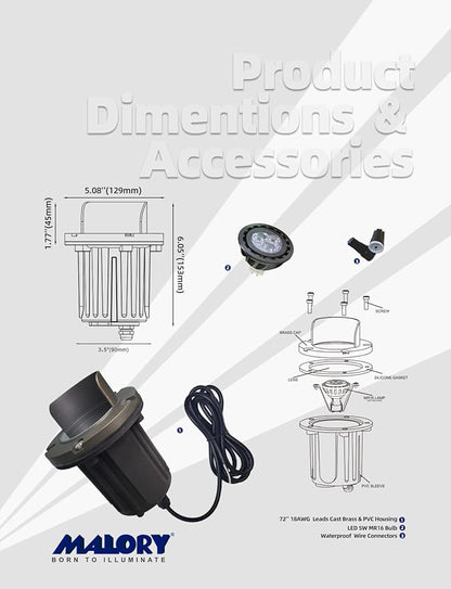 MALORY Brass Top Cover Landscape Well Lights,(6''H) 12V Low Voltage Outdoor In Ground Lights,Anti-Glare Landscape Lighting with 5W 450LM MR16 for Pathway, Driveway (Shield Top, 1-Pack with Bulb)