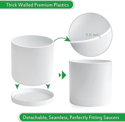 D'vine Dev 2 Pack 10 Inch Modern Plastic Plant Pots, Cylindrical Garden Planters for Plants with Drainage Holes and Saucers, White, 74-Z-N-1