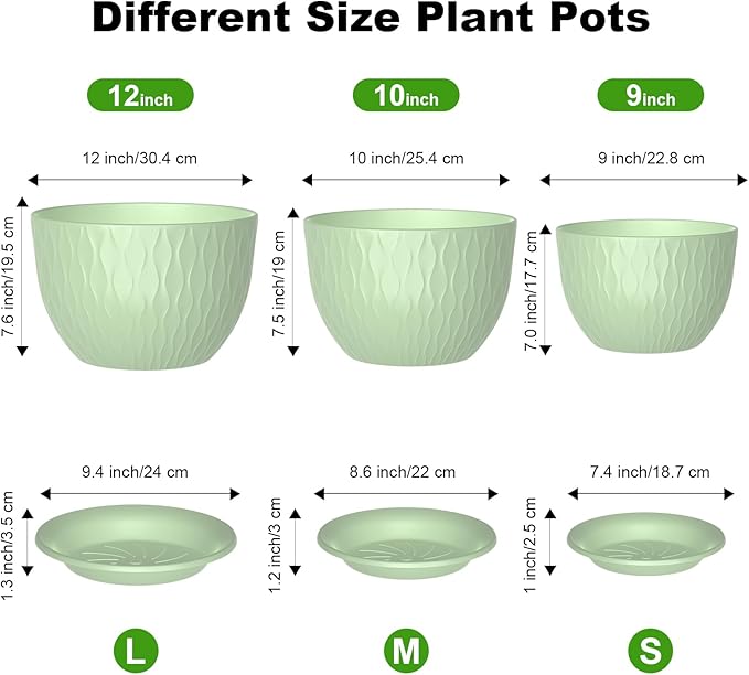 12/10/9 Inch Large Planter Pots, 3-Pack Flower Pots for Indoor Outdoor Garden Plants, Big Plant Pots with Multi Mesh Drainage Holes and Saucer (Green, 12"+10"+9")