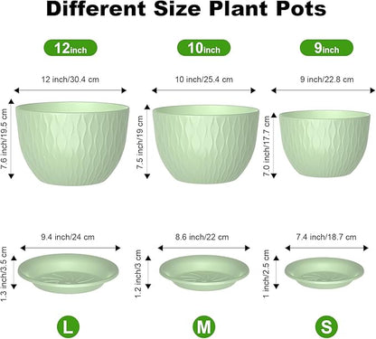 12/10/9 Inch Large Planter Pots, 3-Pack Flower Pots for Indoor Outdoor Garden Plants, Big Plant Pots with Multi Mesh Drainage Holes and Saucer (Green, 12"+10"+9")