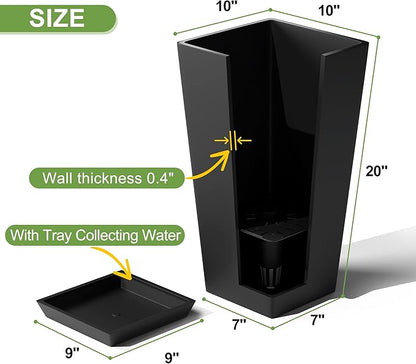 Elevens Set of 2 Tall Outdoor Planters 20 Inch, Large Planters for Indoor Outdoor Plants, Tapered Square Flower Pots with Tray for Patio,Black