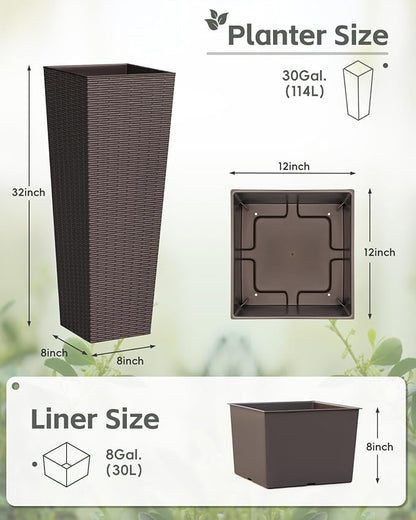Greesum 32 Inch Tall Plastic Planters with Rattan Texture – Set of 2, Detachable Inner Pot & Drainage Holes, Indoor/Outdoor Decorative Flower Pots for Large Plants, Trees, Patio, and Garden, Brown