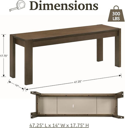 LukeAlon Solid Wood Dining Bench, 47.25" Brown Farmhouse Entryway Bench, Narrow Rustic Long Bench for Hallway Kitchen Dining Room Bedroom Living Room