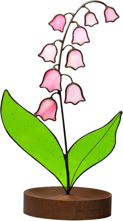 Lily of Valley Stained Glass Decor, Handmade Real Stained Glass Lily of Valley Flower Suncatchers with Walnut Wood Base, Cute Desk Windowsill Decor Plant Gifts for Women,Mom,Plant Lovers (Pink)