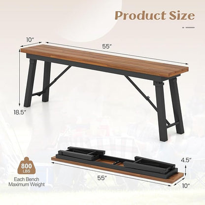 Tangkula Outdoor Folding Bench Set of 2, 55” 2-3 Person Acacia Wood Backless Patio Dining Bench, No Assembly Weatherproof Picnic Bench, Collapsible Benches for Porch, Yard, Poolside, Balcony