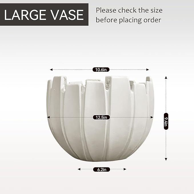 Large Round Planter with Drainage Hole, 9.5''H × 12.6''D Sphere Indoor Plant Pot, Modern Flower Pot for Outdoor Garden Patio Home, Wavy Rim Design, White
