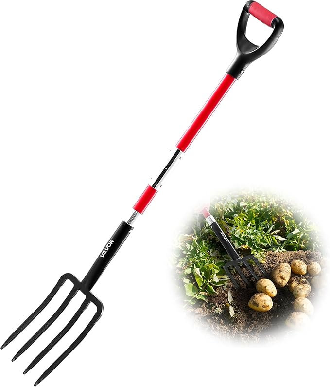 VEVOR Garden Fork, 4-Tine Gardening Pitchfork with Fiberglass Handle, 45 in Heavy Duty Digging Fork with Y Grip, Forged Steel Spading Fork for Hay Potato Composting Transplanting Aeration