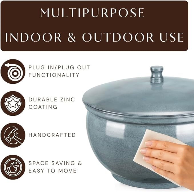 Monarch Abode Garden Hose Holder with Lid – Decorative Water Hose Holders for Outside, Smooth Metal Patina Pot with Drainage, 100ft Waterhose Holder for Outside, Garden Storage Caddy