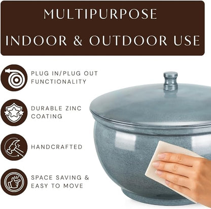 Monarch Abode Garden Hose Holder with Lid – Decorative Water Hose Holders for Outside, Smooth Metal Patina Pot with Drainage, 100ft Waterhose Holder for Outside, Garden Storage Caddy