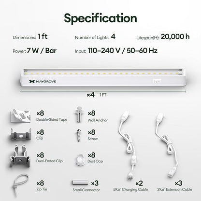 Grow Lights for Indoor Plants 1FT, Sun-Like Full Spectrum 5000K Grow Light, 28W(4 x 7W), T5 LED Grow Light Strips for Indoor Plants and Flowers, High PPFD, Linkable, White, 4-Pack