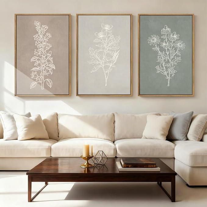 ANHUIB Neutral Botanical Wall Art Farmhouse Floral Paintings Boho Flower Wall Decor 16x24 Inch Set of 3 for Living Room Bedroom