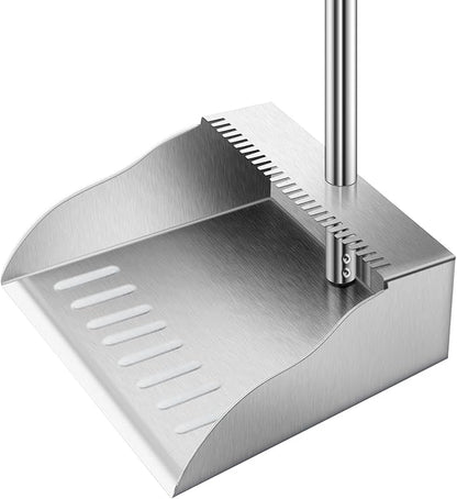 Dust Pans with Long Handle,Heavy Duty Metal Dust Pan with Handle,Upright Stand Up Dustpan with Dust Pan Teeth to Clean Hair for Home Kitchen Office Lobby Floor Garden